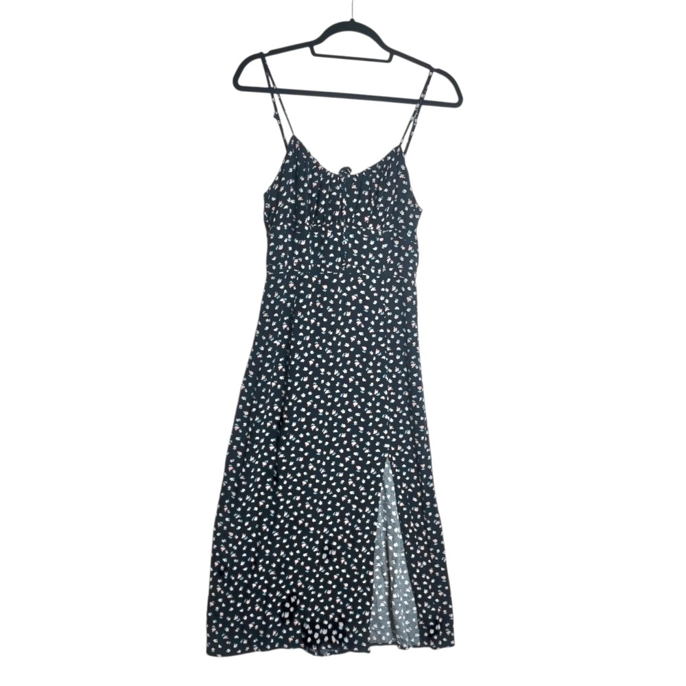 Aeropostale Black Floral Ditsy Midi Dress Front Slit Rayon Size M RN154379